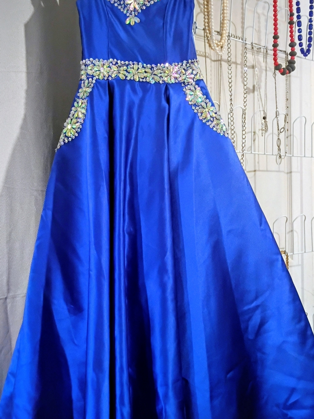 Girls Royal Blue Satin Jeweled Formal Dress